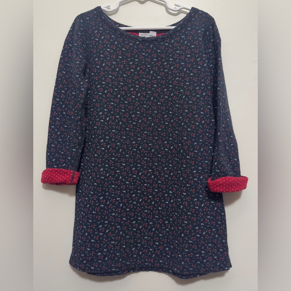 Petit Bateau Long Sleeve Navy Red Floral Tunic Dress Size 6 100% Cotton